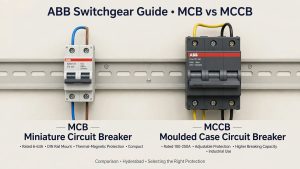 ABB MCB vs MCCB comparison diagram showing miniature circuit breaker and moulded case circuit breaker for Hyderabad switchgear buyers
