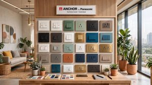 Anchor by Panasonic modular switches and sockets in Roma Classic, Urban and Plus finishes displayed in a Hyderabad showroom