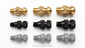 Brass, black nylon and grey PG cable glands compared side by side for a Hyderabad buying guide