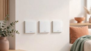 Three white Legrand modular switch panels installed on a living room wall, part of a Legrand modular switches buying guide