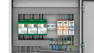 OBO Bettermann surge protection devices MCD 50-B lightning controller and V50 C50 arresters installed in electrical panel